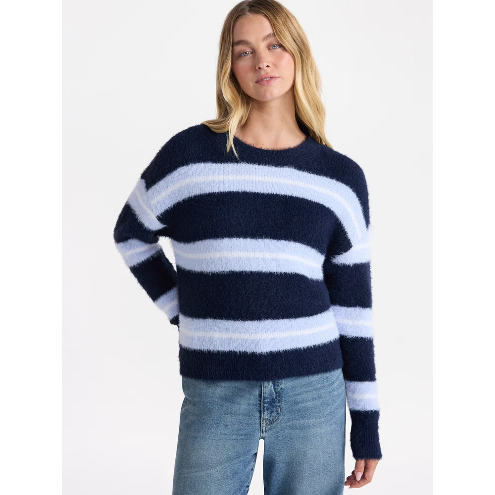 No Boundaries XS (0-2) Striped Feather Sweater Blue Fuzzy Eyelash Knit Soft Cozy